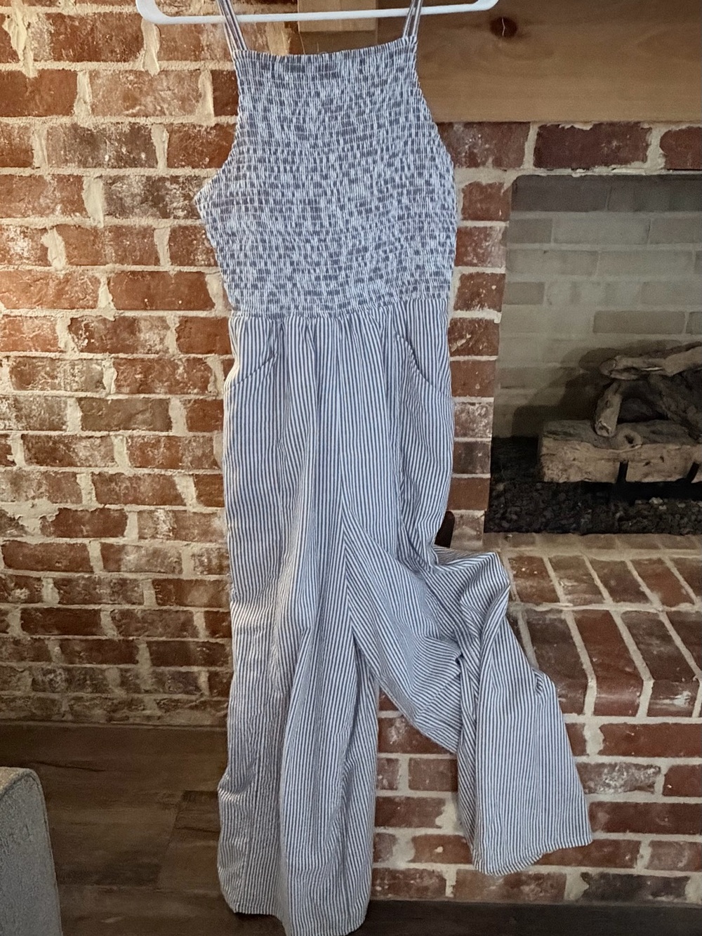 American Eagle Outfitters Blue and White Striped Smocked Jumpsuit